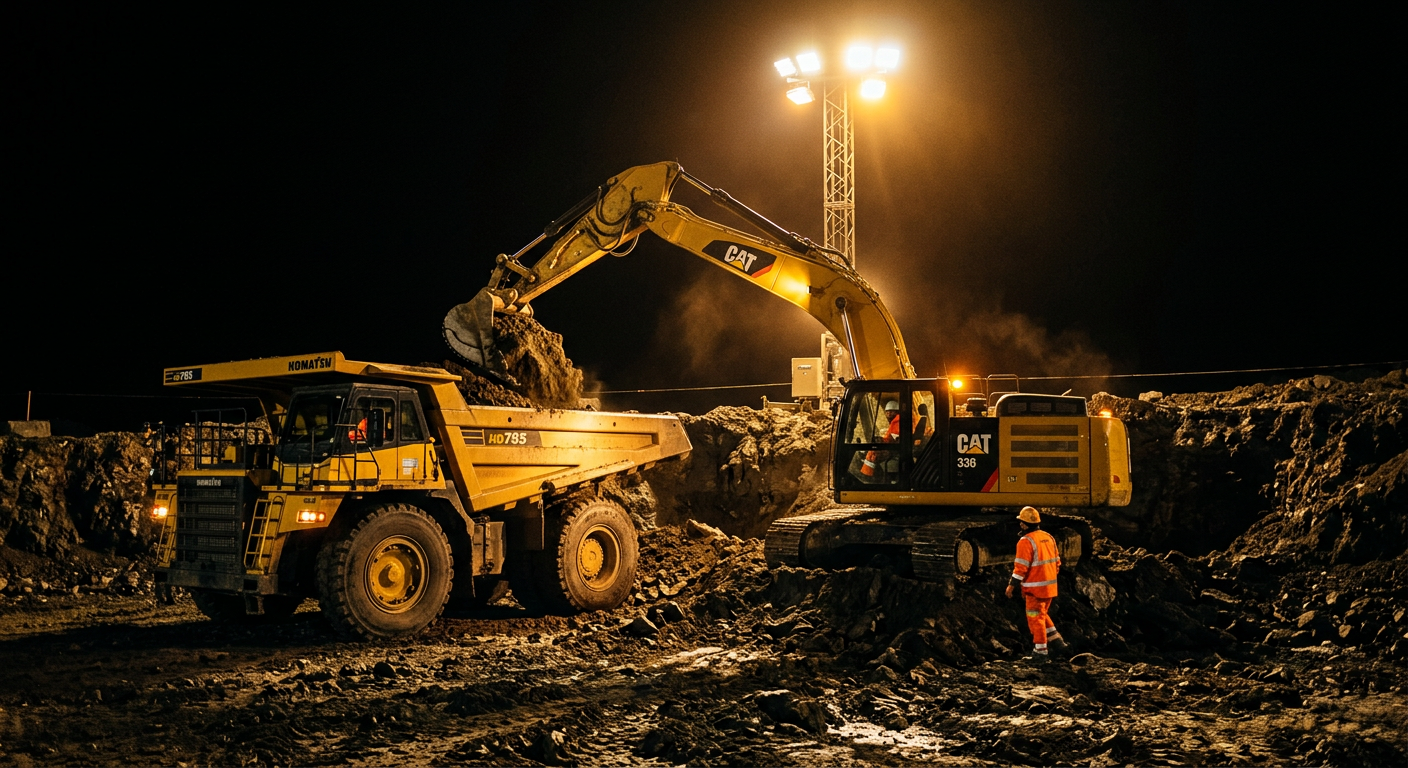 Chantier d'excavation éclairé de nuit